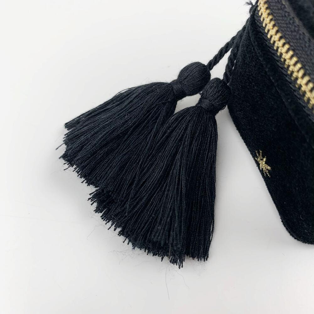 Sezane Jewelry Box Case Black Velvet Gold Daisy Stars Tassels Small Zip Around - Picture 3 of 9